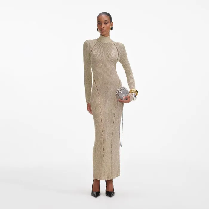 Gold Lurex Knit Maxi Dress Women Self Portrait Dresses