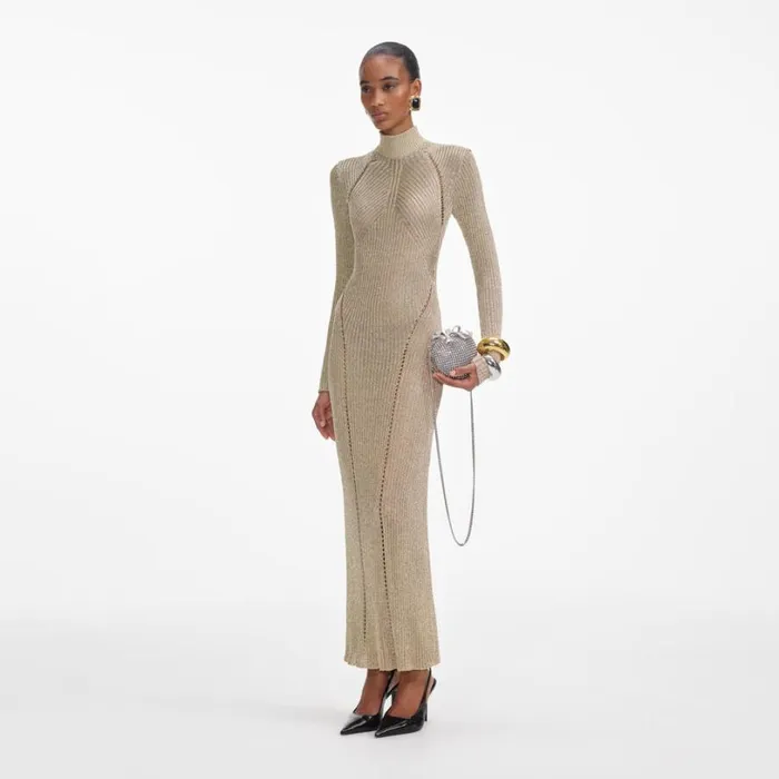 Gold Lurex Knit Maxi Dress Women Self Portrait Dresses Gold Lurex Knit Maxi Dress Women Self Portrait Dresses