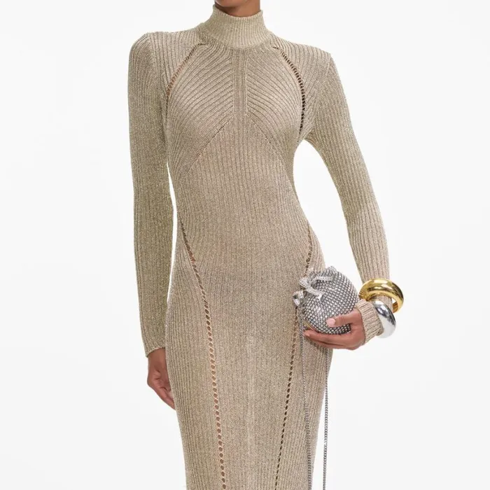 Gold Lurex Knit Maxi Dress Women Self Portrait Dresses Gold Lurex Knit Maxi Dress Women Self Portrait Dresses