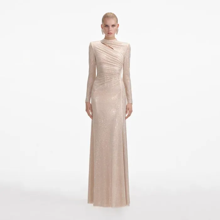 Gold Rhinestone Mesh Cut Out Maxi Dress Women Self Portrait Bride