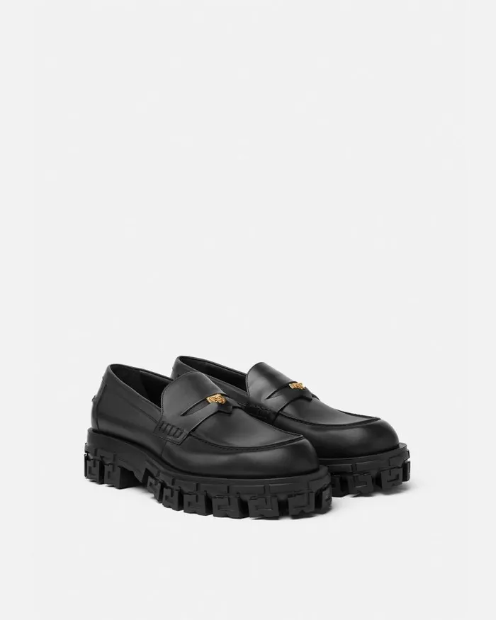 Greca Portico Loafers Blackgold Men Versace Loafers and Slippers