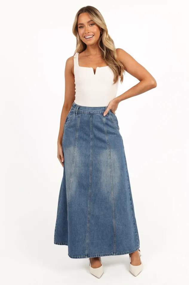 Gwen Denim Skirt Mid Wash Denim Women Denim Petal and Pup