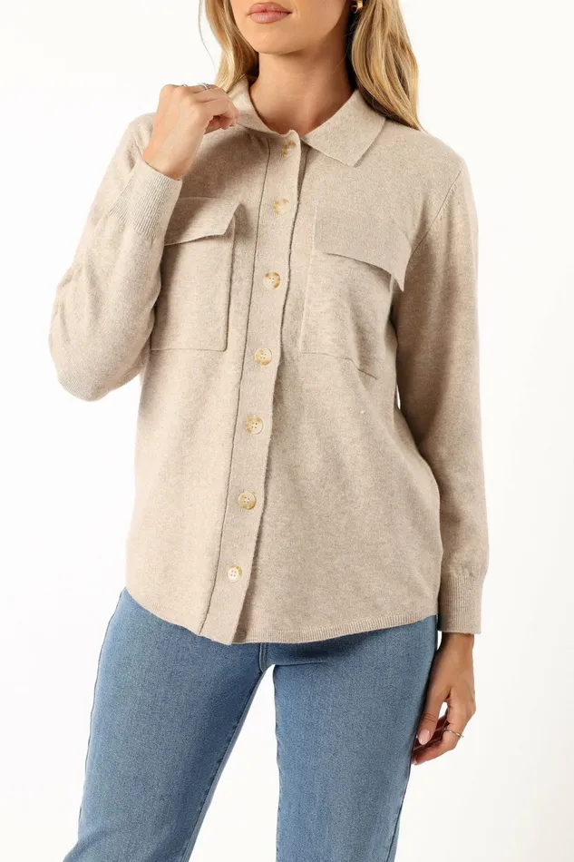 Hailee Long Sleeve Button Down Top Oatmeal Women Tops Petal and Pup