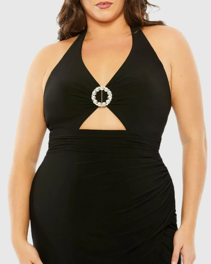 Halter Tie Keyhole Detail Gown with Slit Black Plus Size Dresses Mac Duggal Women Halter Tie Keyhole Detail Gown with Slit Black Plus Size Dresses Mac Duggal Women