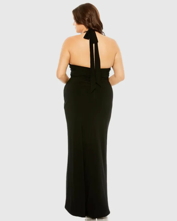 Halter Tie Keyhole Detail Gown with Slit Black Plus Size Dresses Mac Duggal Women Halter Tie Keyhole Detail Gown with Slit Black Plus Size Dresses Mac Duggal Women