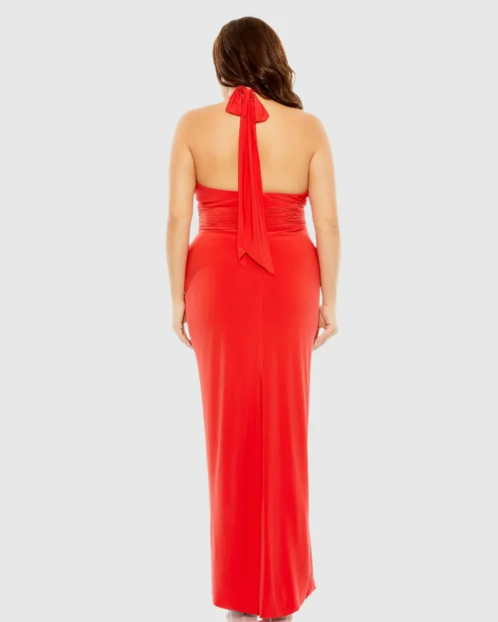 Halter Tie Keyhole Detail Gown with Slit Black Plus Size Dresses Mac Duggal Women Halter Tie Keyhole Detail Gown with Slit Black Plus Size Dresses Mac Duggal Women