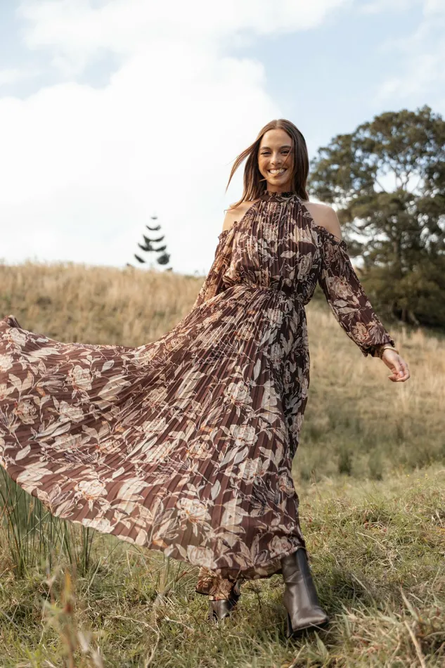 Hilary Pleated Maxi Dress Brown Floral Fall Dresses Petal and Pup Women