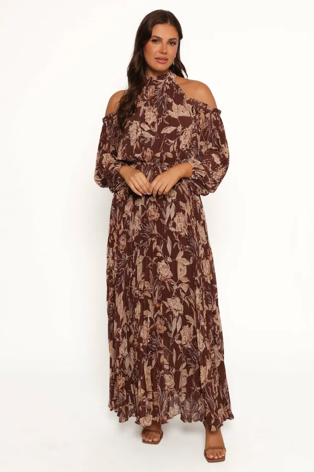 Hilary Pleated Maxi Dress Brown Floral Fall Dresses Petal and Pup Women
