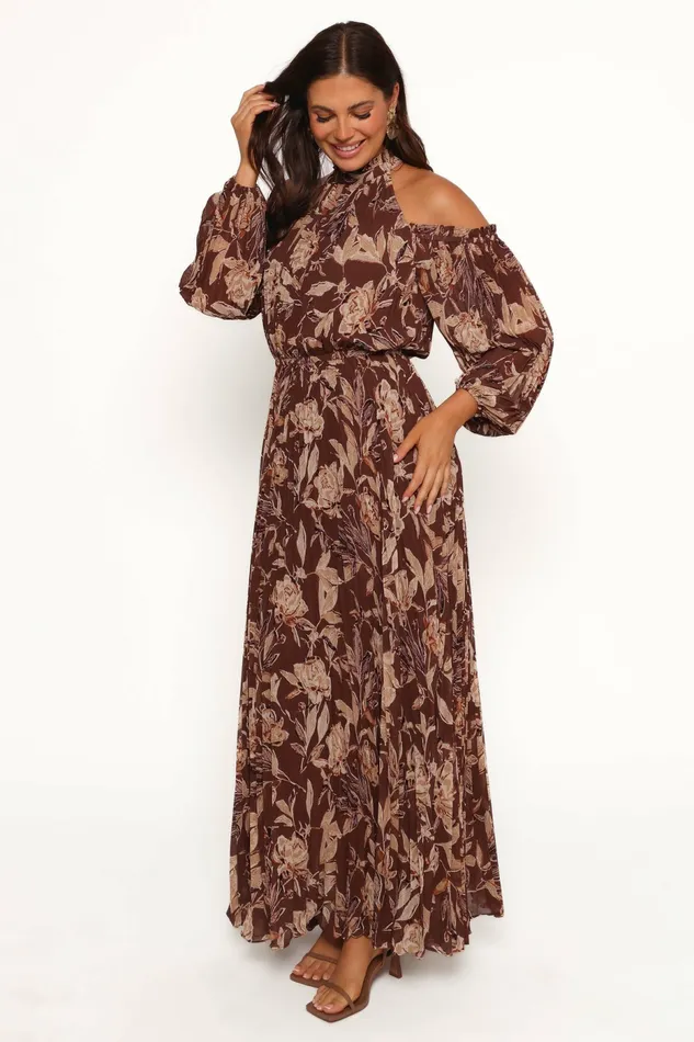 Hilary Pleated Maxi Dress Brown Floral Fall Dresses Petal and Pup Women