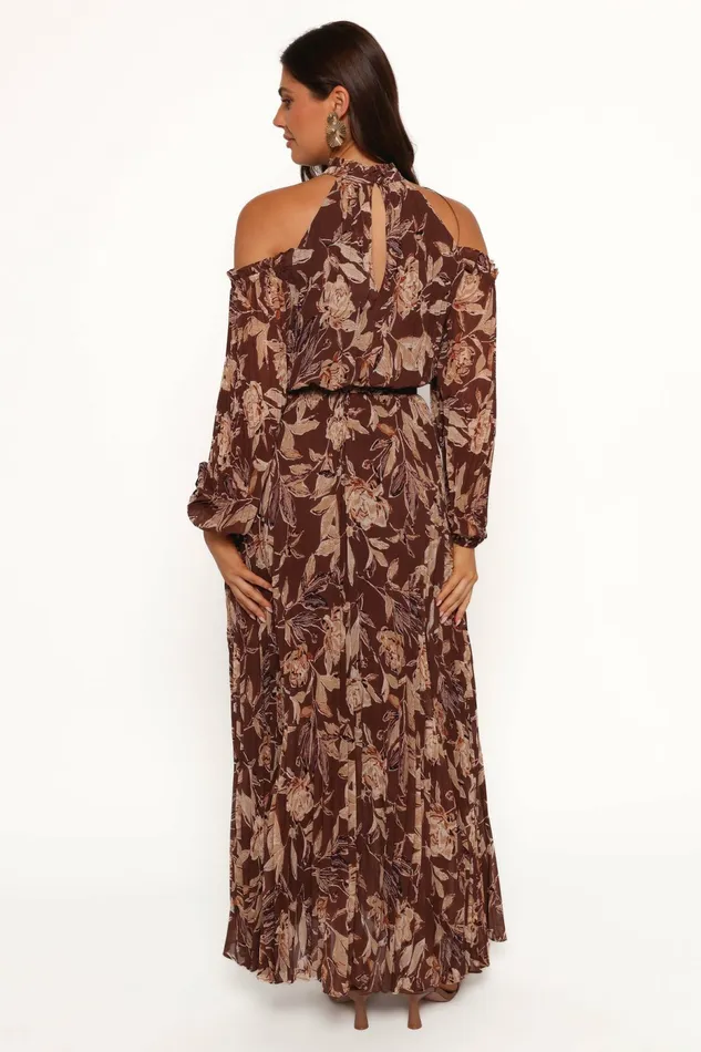 Hilary Pleated Maxi Dress Brown Floral Fall Dresses Petal and Pup Women