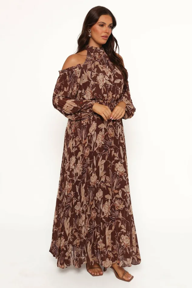 Hilary Pleated Maxi Dress Brown Floral Fall Dresses Petal and Pup Women