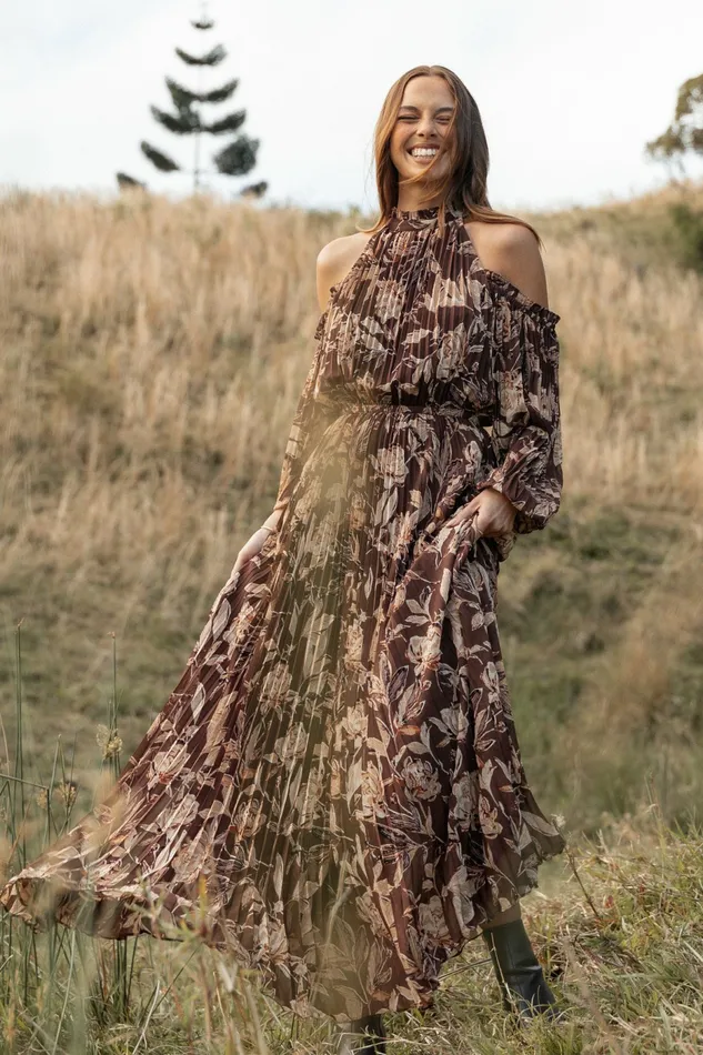 Hilary Pleated Maxi Dress Brown Floral Fall Dresses Petal and Pup Women
