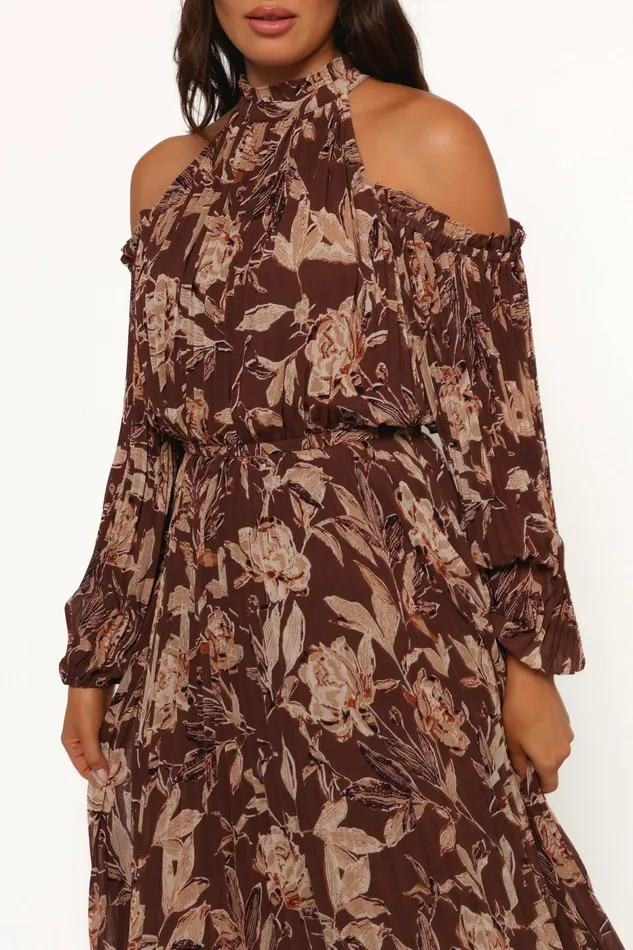 Hilary Pleated Maxi Dress Brown Floral Fall Dresses Petal and Pup Women