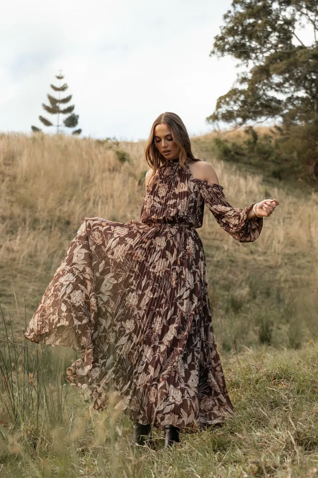 Hilary Pleated Maxi Dress Brown Floral Fall Dresses Petal and Pup Women