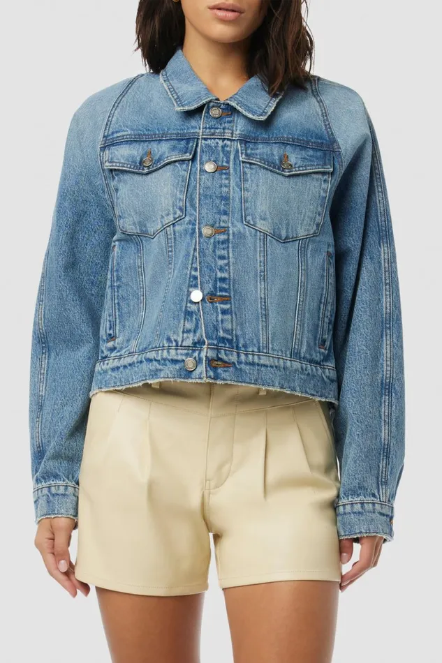 Hudson Jeans Jackets and Outerwear Raglan Sleeve Cropped Denim Jacket Denim Breeze 8211 Women
