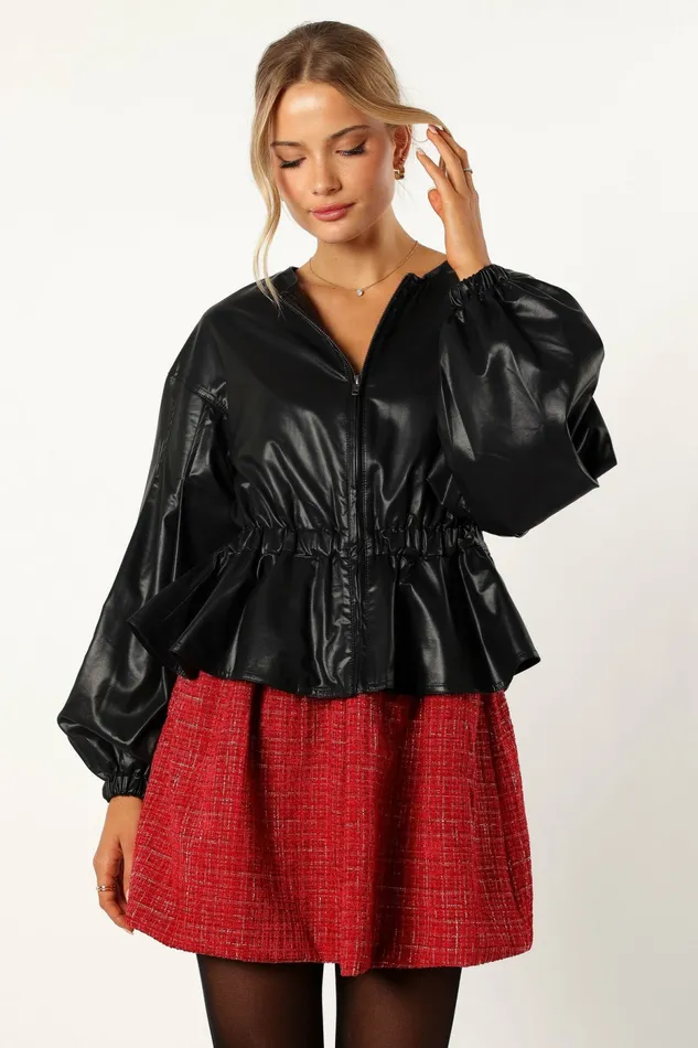 Jackets and Coats Petal and Pup Women Ivanna Faux Leather Puff Sleeve Jacket Black