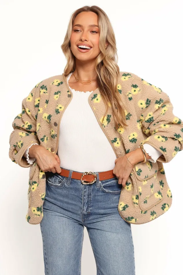 Jackets and Coats Roux Flower Print Shearling Jacket Taupe Petal and Pup Women
