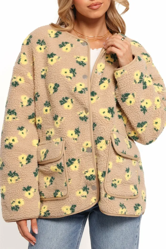 Jackets and Coats Roux Flower Print Shearling Jacket Taupe Petal and Pup Women