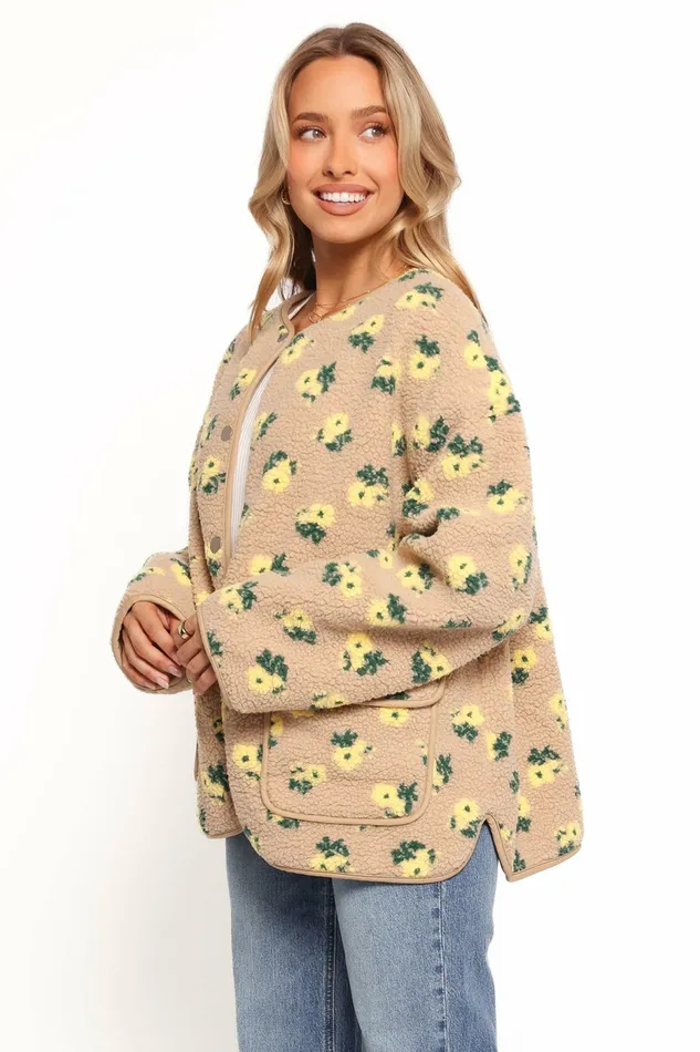 Jackets and Coats Roux Flower Print Shearling Jacket Taupe Petal and Pup Women