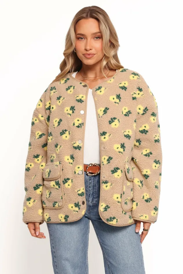 Jackets and Coats Roux Flower Print Shearling Jacket Taupe Petal and Pup Women