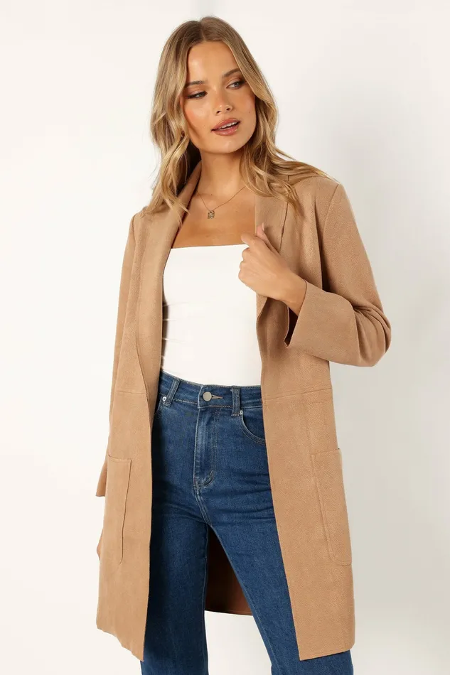 Jackets and Coats Veda Faux Suede Long Jacket Tan Petal and Pup Women
