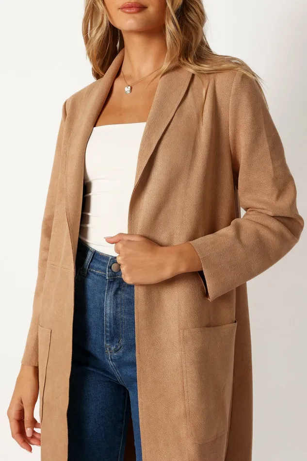 Jackets and Coats Veda Faux Suede Long Jacket Tan Petal and Pup Women