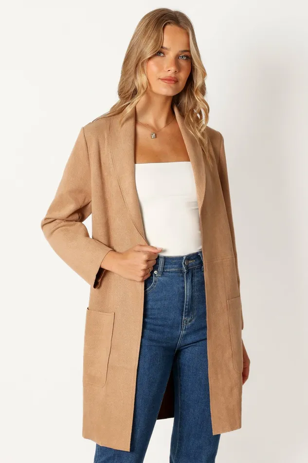 Jackets and Coats Veda Faux Suede Long Jacket Tan Petal and Pup Women