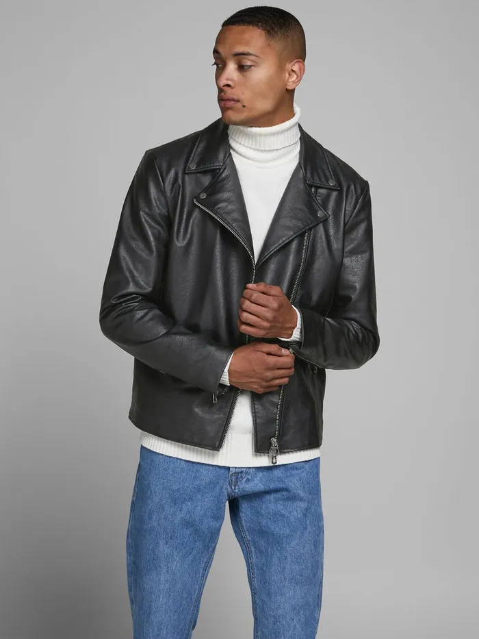 Jackets JACK and JONES Mens BIKER FAUX LEATHER JACKET Black Black
