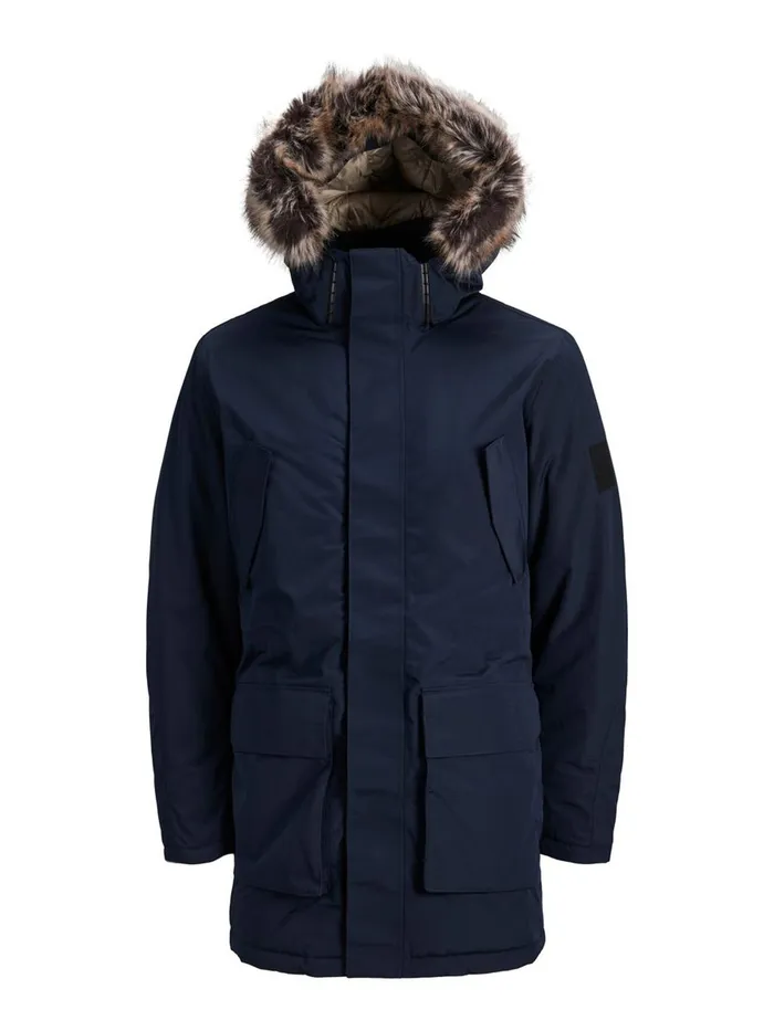 Jackets JACK and JONES Mens HOODED FAUX FUR PARKA Blue Sky Captain