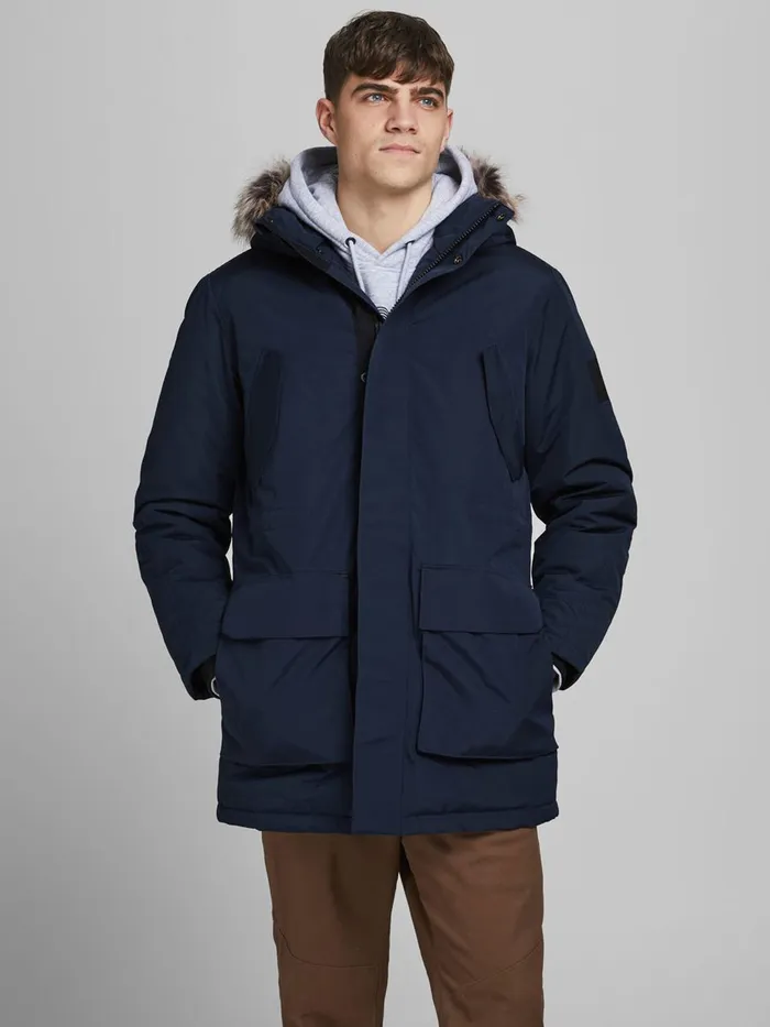Jackets JACK and JONES Mens HOODED FAUX FUR PARKA Blue Sky Captain