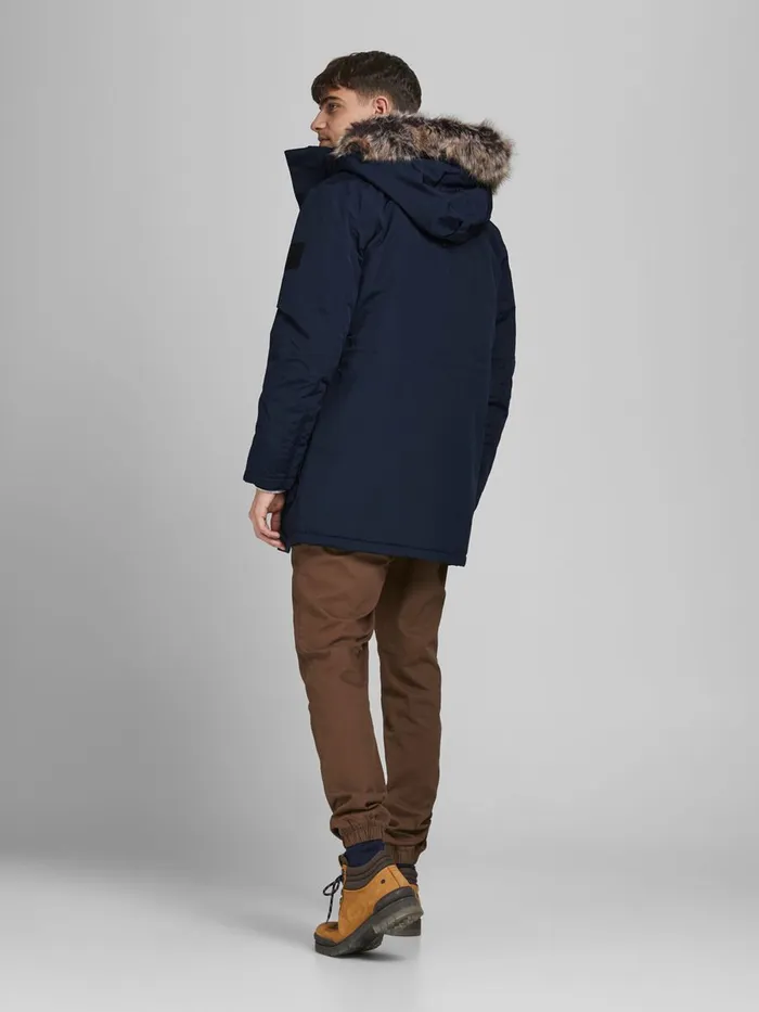 Jackets JACK and JONES Mens HOODED FAUX FUR PARKA Blue Sky Captain