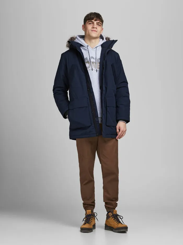 Jackets JACK and JONES Mens HOODED FAUX FUR PARKA Blue Sky Captain