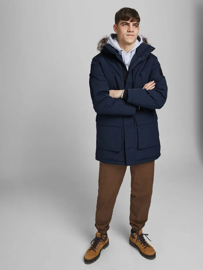 Jackets JACK and JONES Mens HOODED FAUX FUR PARKA Blue Sky Captain
