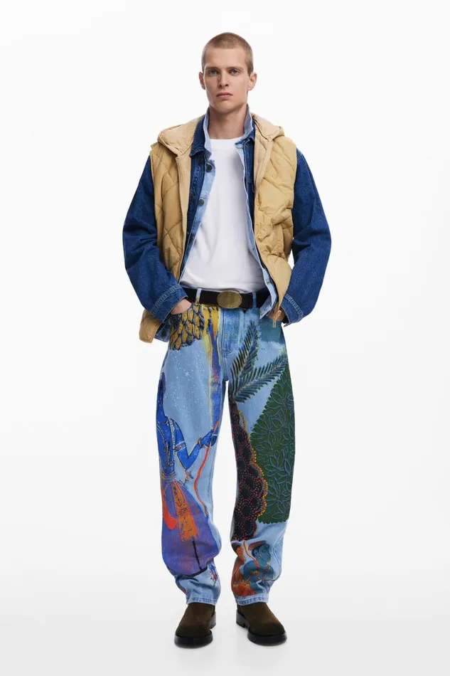Jeans And Trousers Men Desigual Straight Jeans With India Print Blue