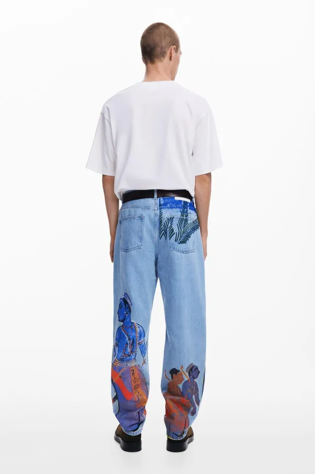 Jeans And Trousers Men Desigual Straight Jeans With India Print Blue