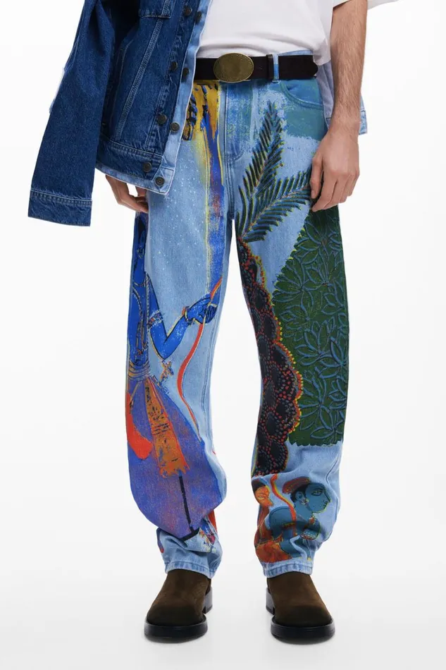 Jeans And Trousers Men Desigual Straight Jeans With India Print Blue