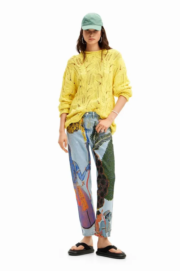 Jeans And Trousers Men Desigual Straight Jeans With India Print Blue