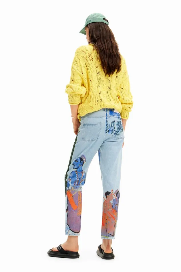 Jeans And Trousers Men Desigual Straight Jeans With India Print Blue