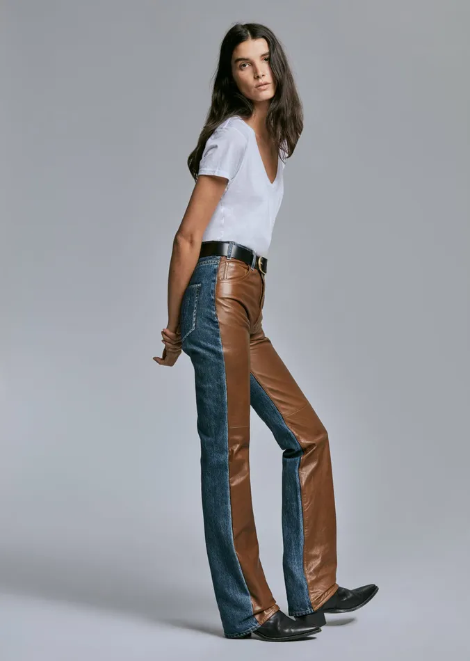 JOAN LEATHER COMBO JEAN Simon Wash W Cognac Women Nili Lotan Denim