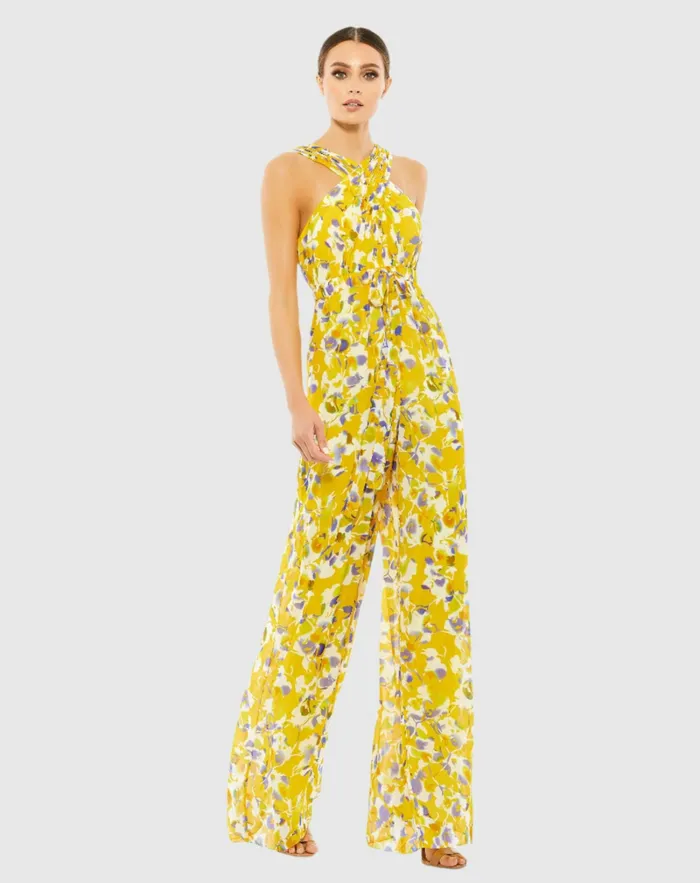 Jumpsuits and Rompers Crossed Halter Tie Waist Jumpsuit YellowMulti Mac Duggal Women Jumpsuits and Rompers Crossed Halter Tie Waist Jumpsuit YellowMulti Mac Duggal Women