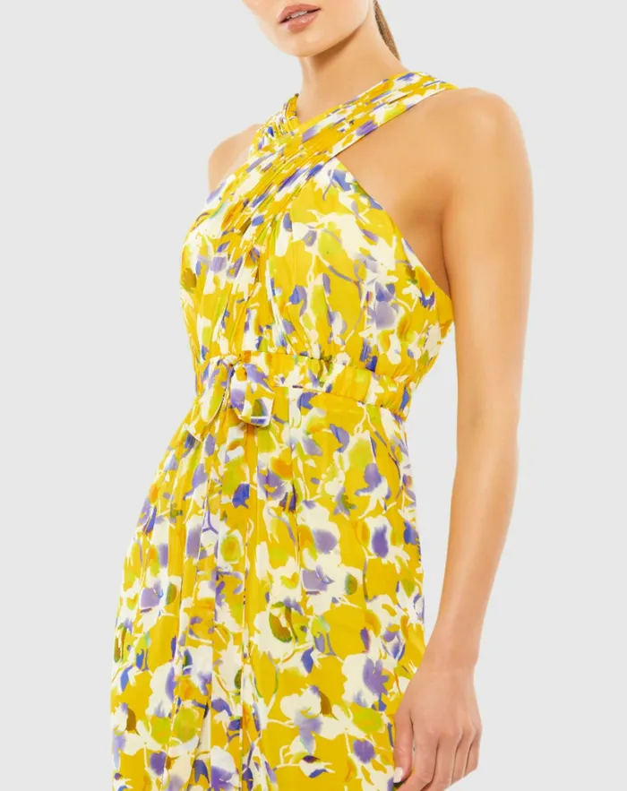 Jumpsuits and Rompers Crossed Halter Tie Waist Jumpsuit YellowMulti Mac Duggal Women
