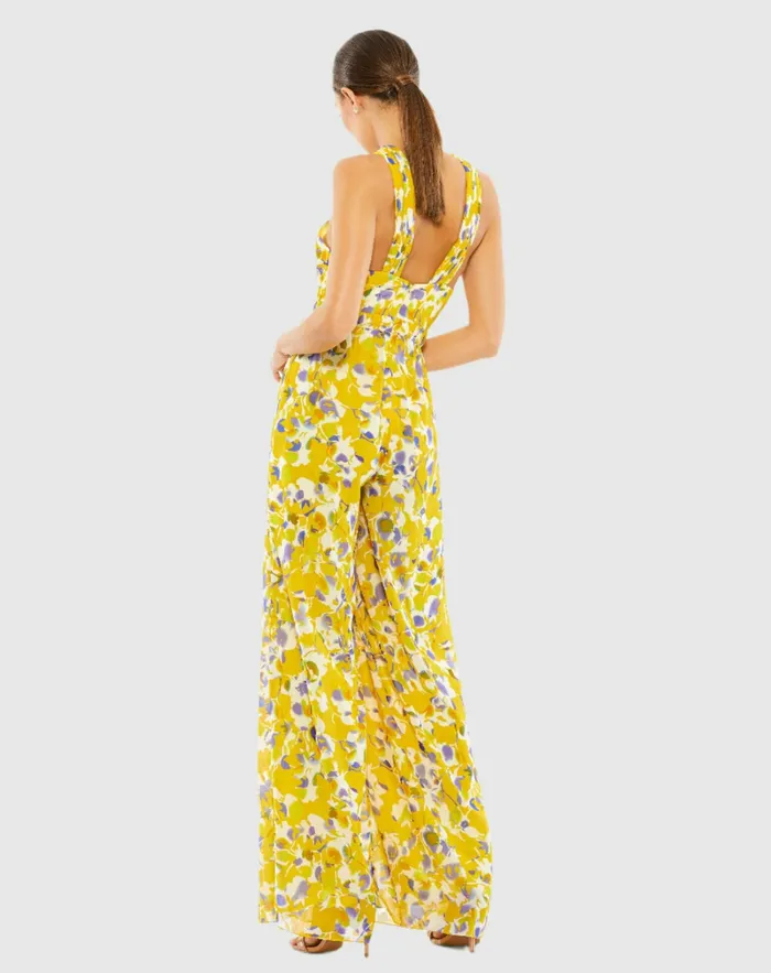 Jumpsuits and Rompers Crossed Halter Tie Waist Jumpsuit YellowMulti Mac Duggal Women