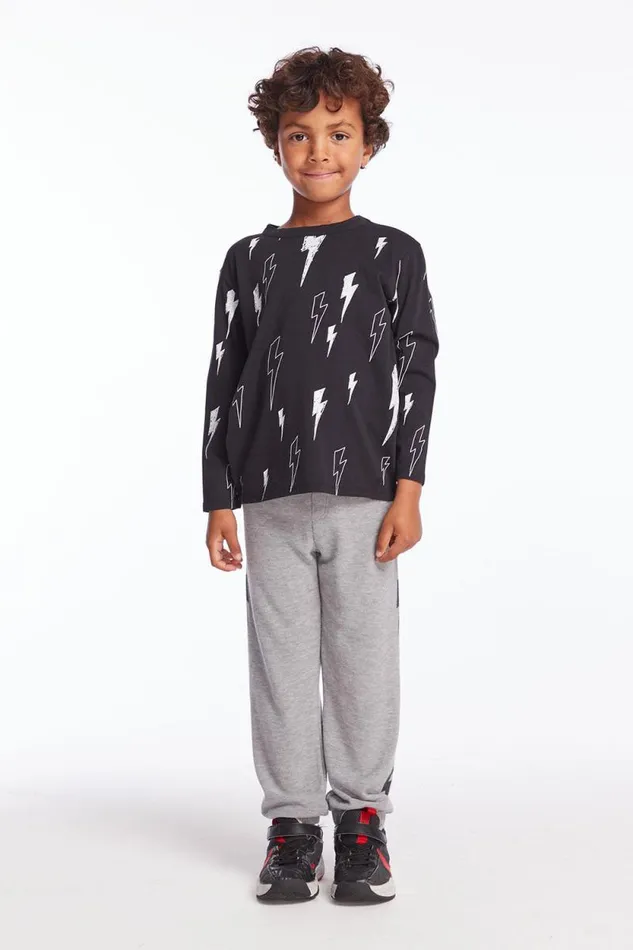 Kids Chaser Brand Boys Allover Bolts Boys Long Sleeve Crew Neck Tee