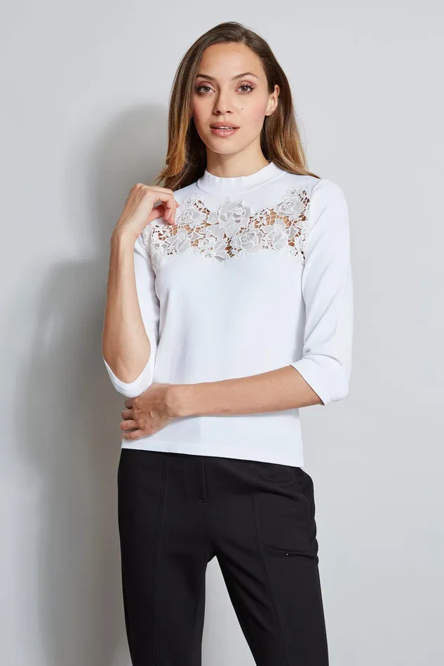 Knits and Sweaters Women Elie Tahari Lace Applique Mock Sweater WHITE