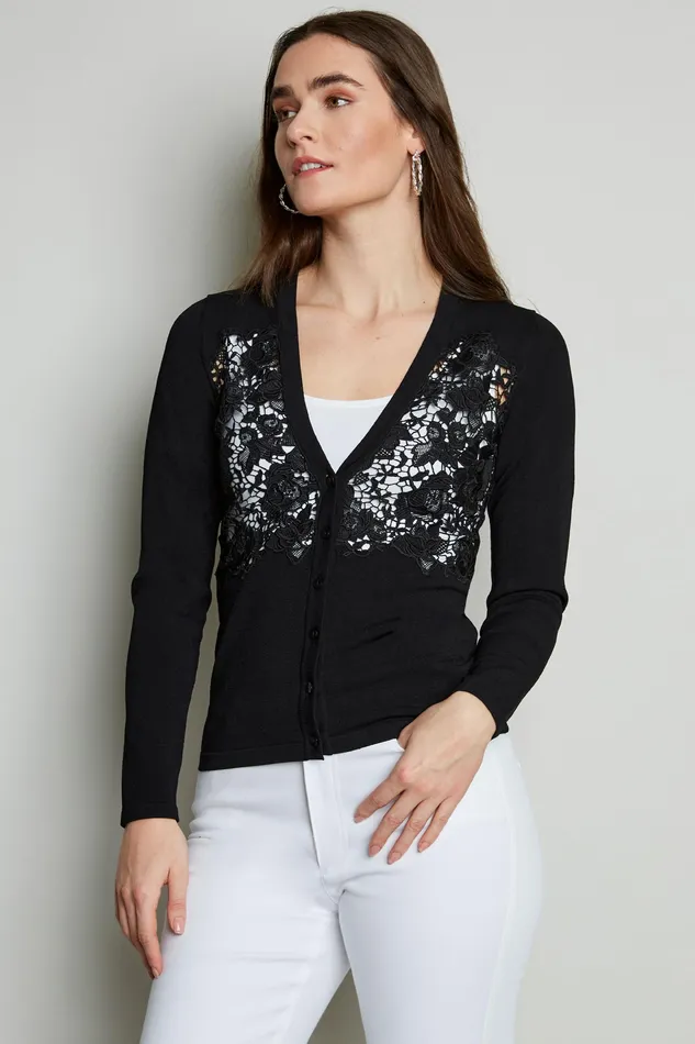 Knits and Sweaters Women Elie Tahari Lace Insert Cardigan BLACK