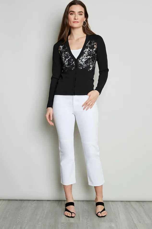 Knits and Sweaters Women Elie Tahari Lace Insert Cardigan BLACK