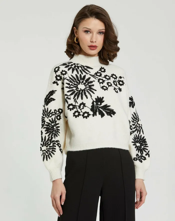 Knitwear Balloon Sleeve Cropped Mock Neck Knit Sweater Ecru 8211 Mac Duggal Women
