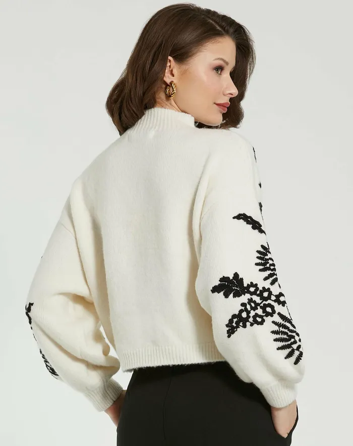 Knitwear Balloon Sleeve Cropped Mock Neck Knit Sweater Ecru 8211 Mac Duggal Women
