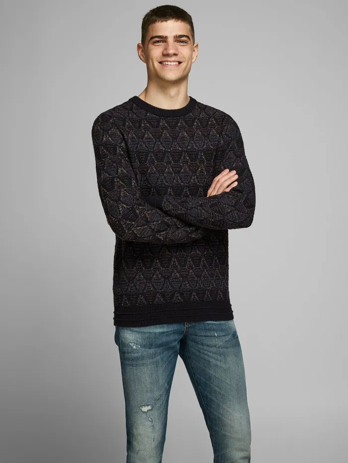 Knitwear JACK and JONES Mens TEXTURED KNITTED PULLOVER Black Black Popular