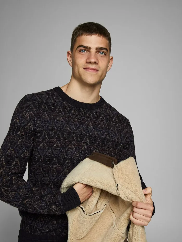 Knitwear JACK and JONES Mens TEXTURED KNITTED PULLOVER Black Black Popular
